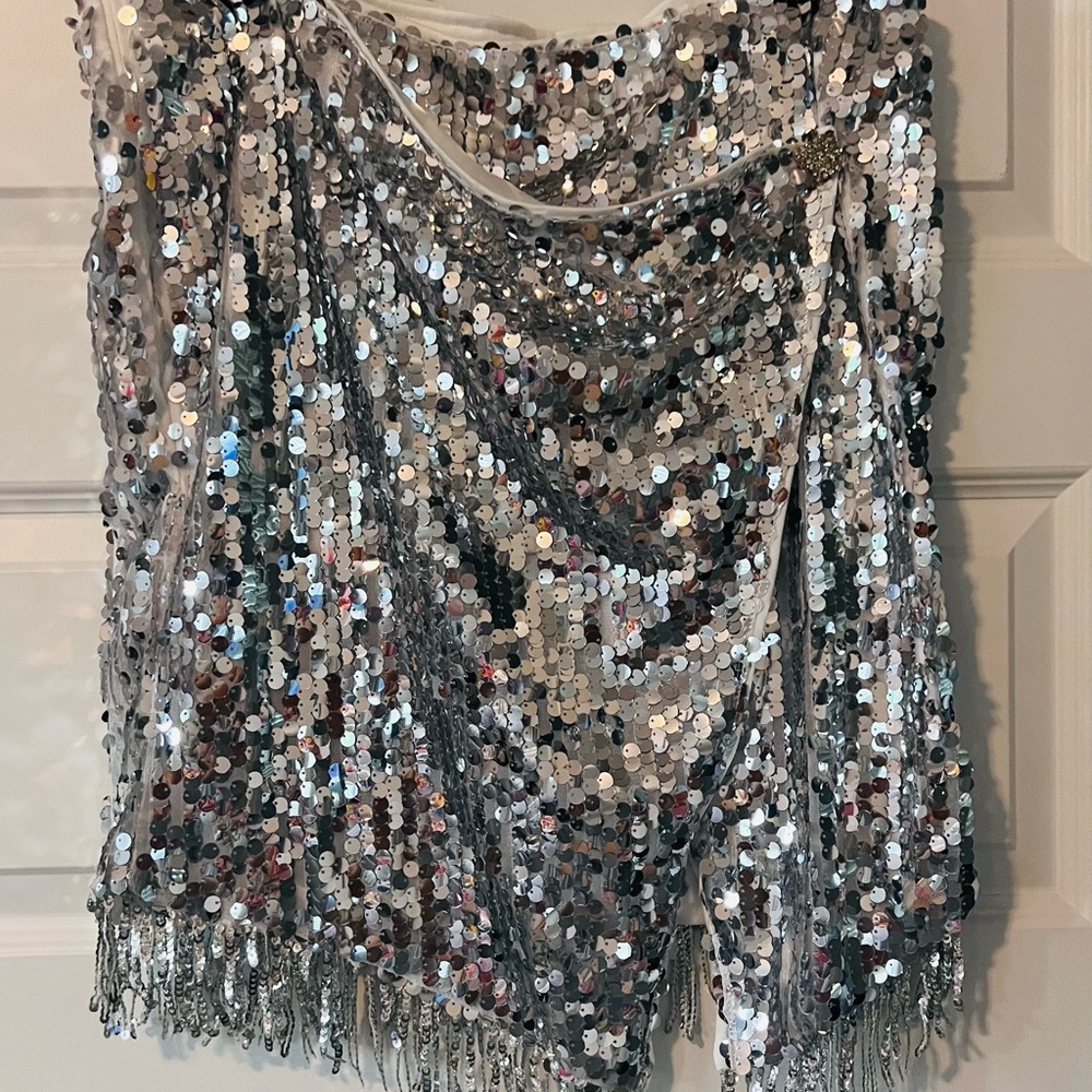 Silver Sequin Fringe Wrap Skirt
